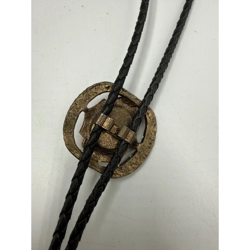 Vintage Western Bolo Tie Tigers Eye Faux Stone Gold Tone Filigree Black Cord
